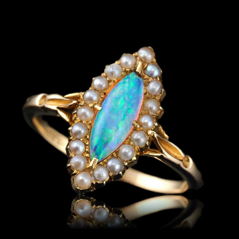 Antique Victorian Opal Ring Marquise Cluster Pearls 18k Gold - C.1895 View XIII