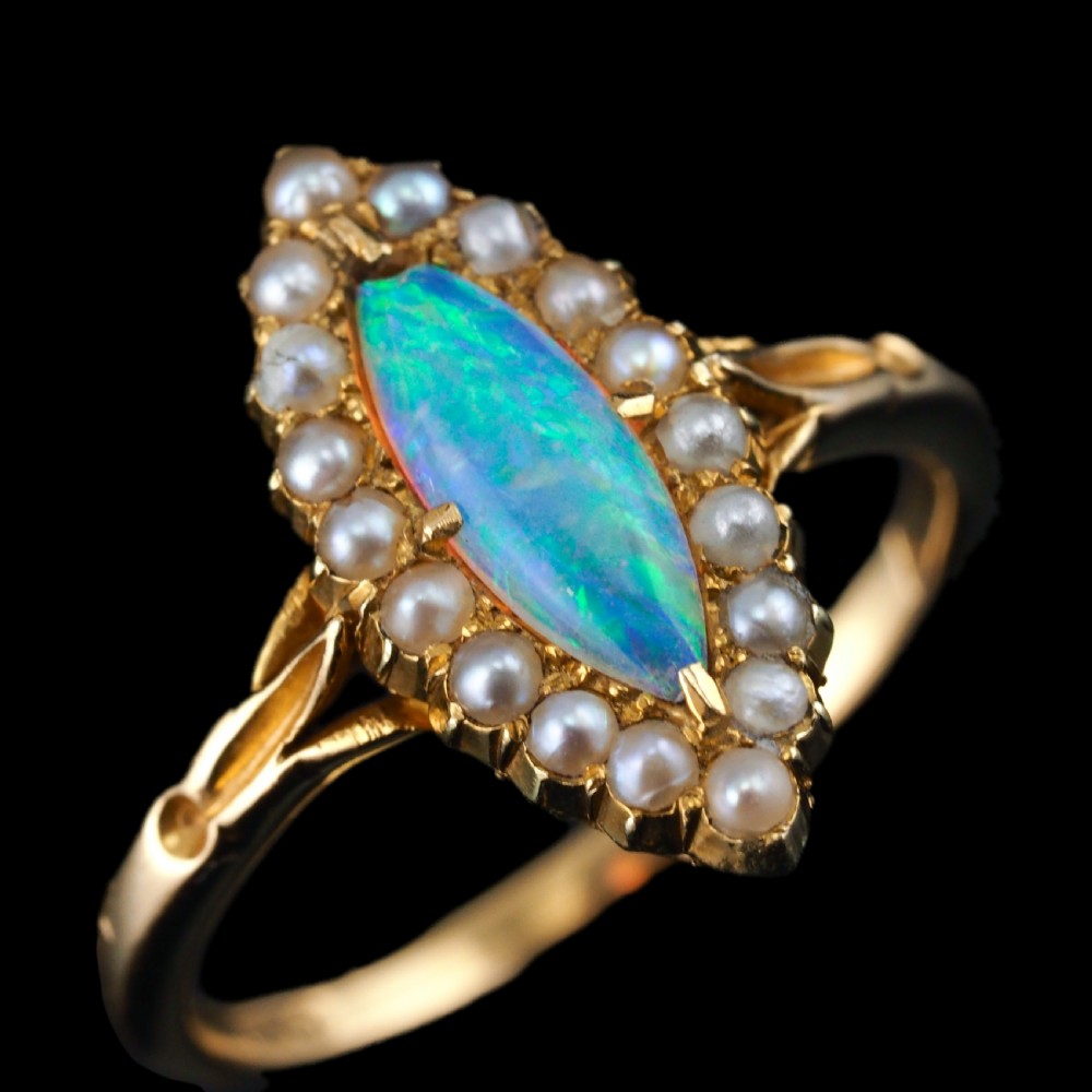Antique Victorian Opal Ring Marquise Cluster Pearls 18k Gold - C.1895 View XIV