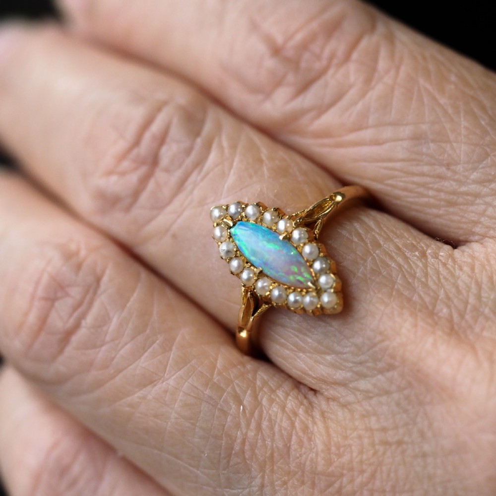 Antique Victorian Opal Ring Marquise Cluster Pearls 18k Gold - C.1895 View XVI