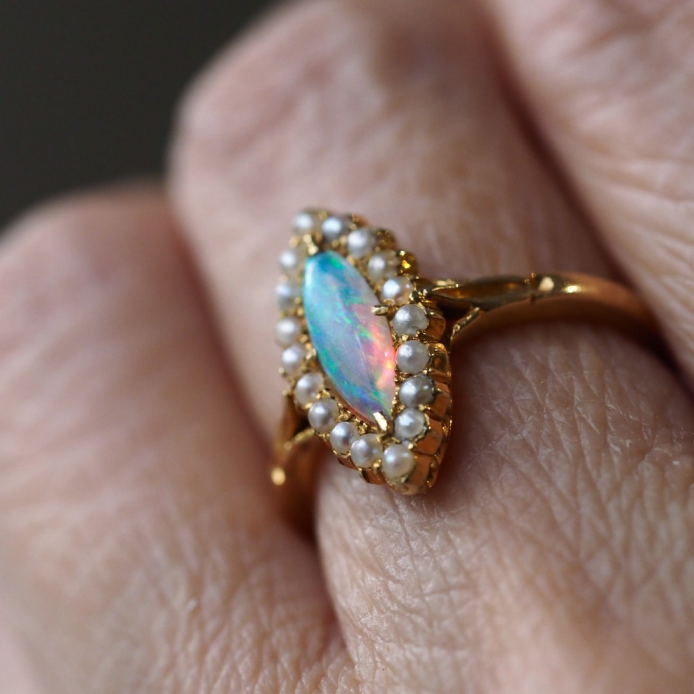 Antique Victorian Opal Ring Marquise Cluster Pearls 18k Gold - C.1895 View XVII