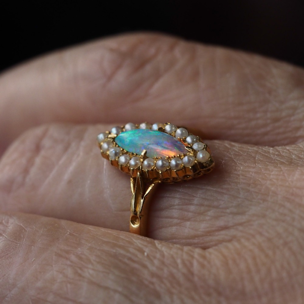 Antique Victorian Opal Ring Marquise Cluster Pearls 18k Gold - C.1895 View XVIII