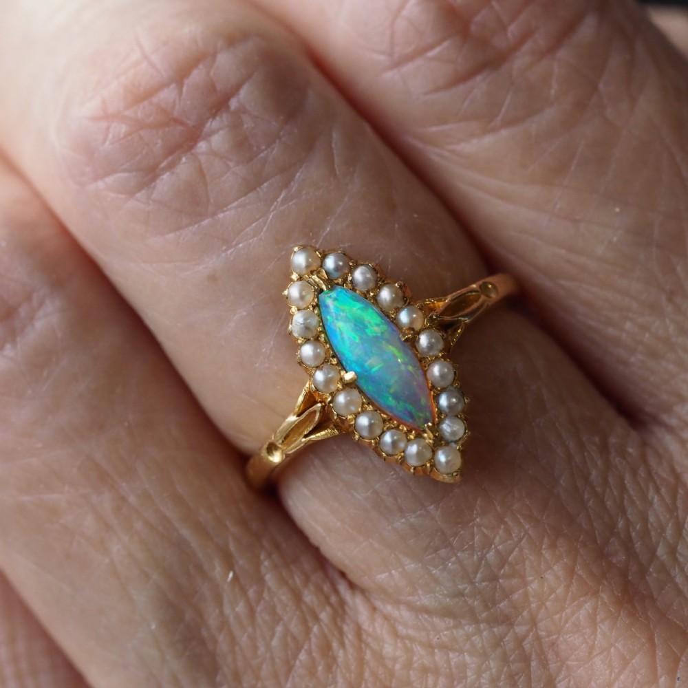 Antique Victorian Opal Ring Marquise Cluster Pearls 18k Gold - C.1895 View XIX