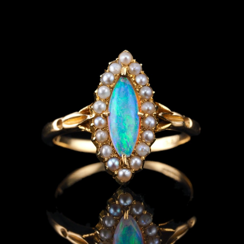 Antique Victorian Opal Ring Marquise Cluster Pearls 18k Gold - C.1895 View XX