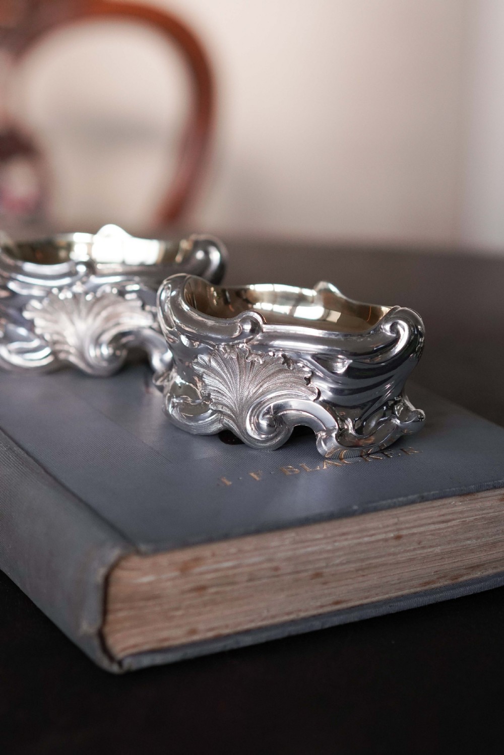 Antique Georgian Solid Silver Salt Cellars Rococo Revival Design - London 1834 View VI