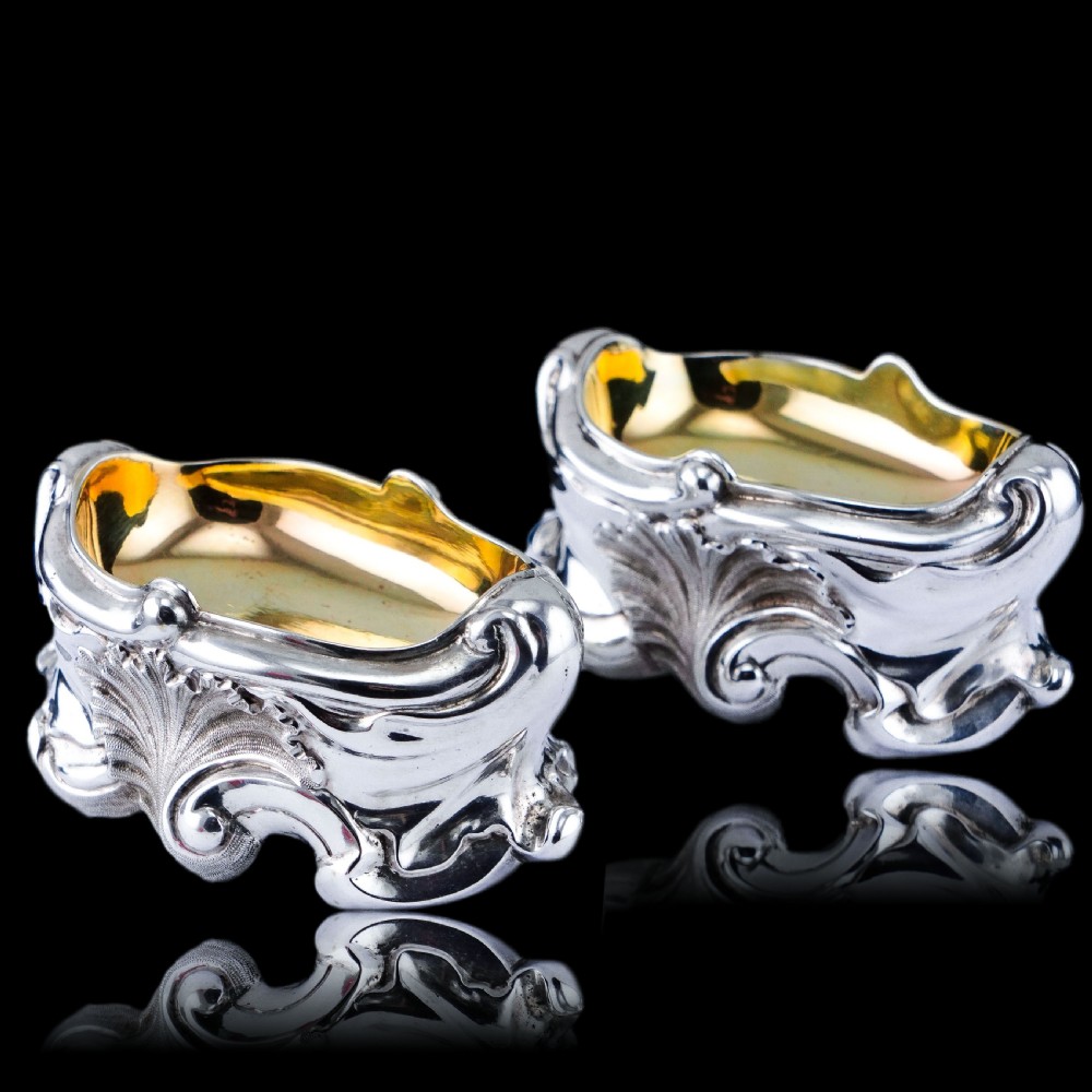 Antique Georgian Solid Silver Salt Cellars Rococo Revival Design - London 1834 View XX