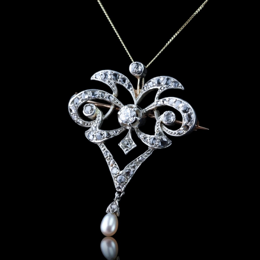 Antique Victorian Diamond Pearl Necklace Lavalier Pendant/Brooch - c.1900 View II