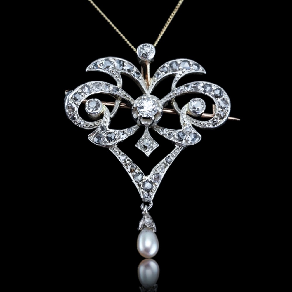 Antique Victorian Diamond Pearl Necklace Lavalier Pendant/Brooch - c.1900 View III