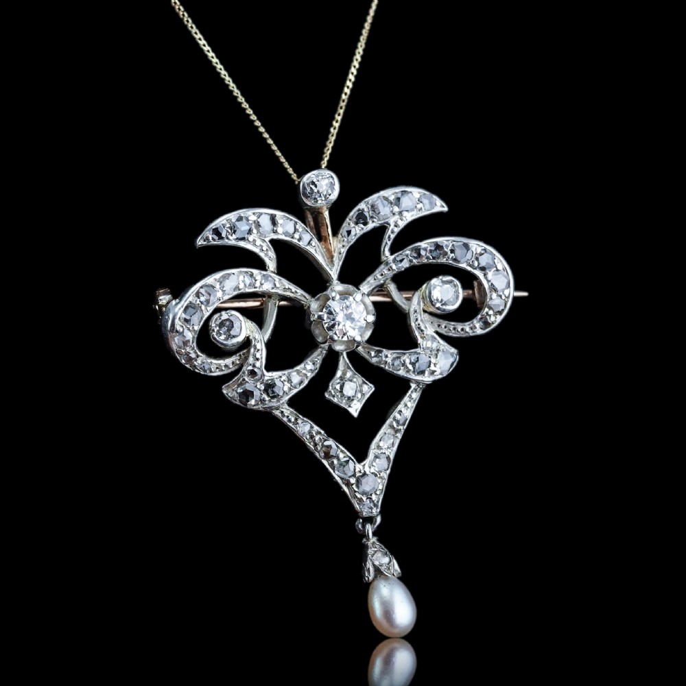 Antique Victorian Diamond Pearl Necklace Lavalier Pendant/Brooch - c.1900 View IV