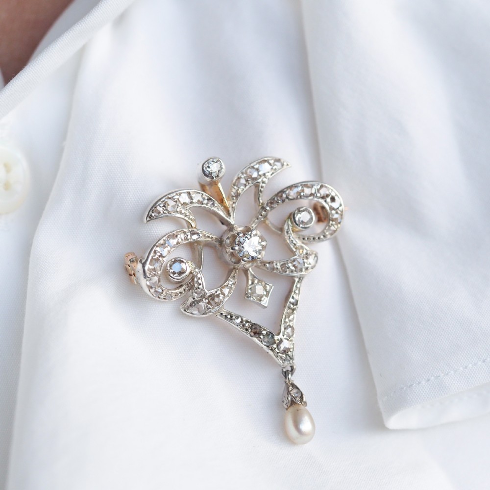 Antique Victorian Diamond Pearl Necklace Lavalier Pendant/Brooch - c.1900 View XII