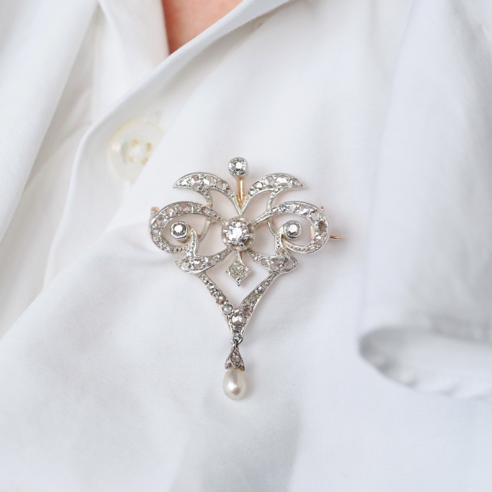 Antique Victorian Diamond Pearl Necklace Lavalier Pendant/Brooch - c.1900 View XIII