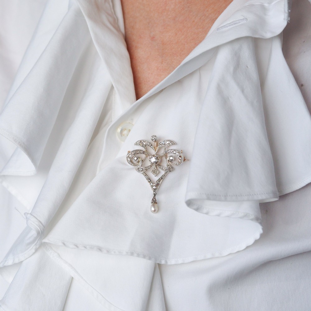 Antique Victorian Diamond Pearl Necklace Lavalier Pendant/Brooch - c.1900 View XIV
