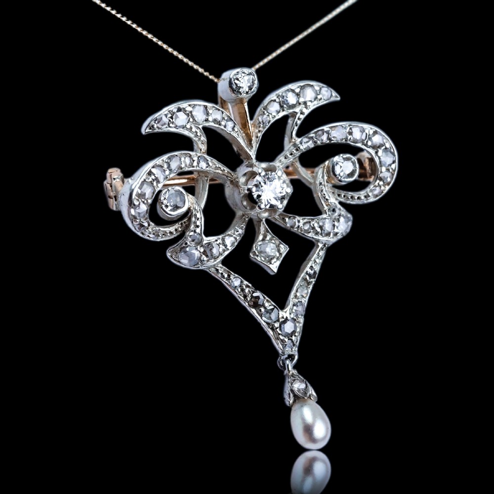 Antique Victorian Diamond Pearl Necklace Lavalier Pendant/Brooch - c.1900 View XVII