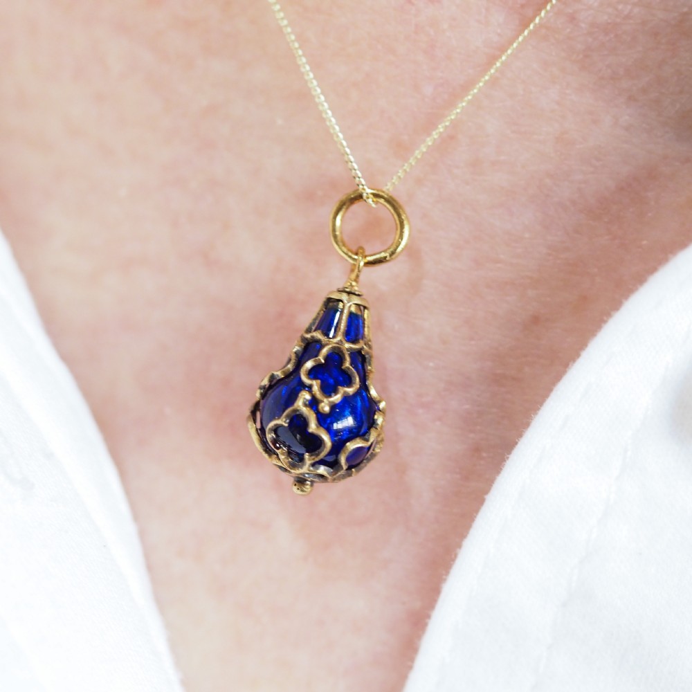 Antique Victorian Blue Enamel Guilloche Drop Pendant Necklace 15K Gold c.1900 View II