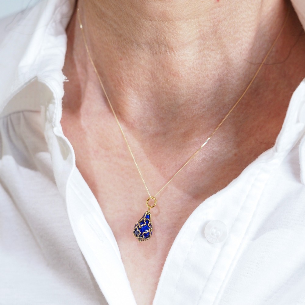Antique Victorian Blue Enamel Guilloche Drop Pendant Necklace 15K Gold c.1900 View III