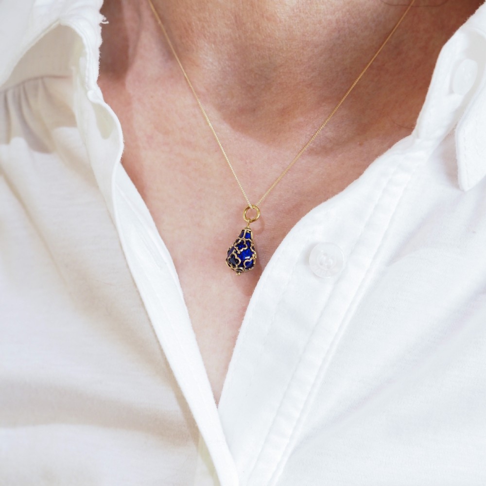 Antique Victorian Blue Enamel Guilloche Drop Pendant Necklace 15K Gold c.1900 View IV