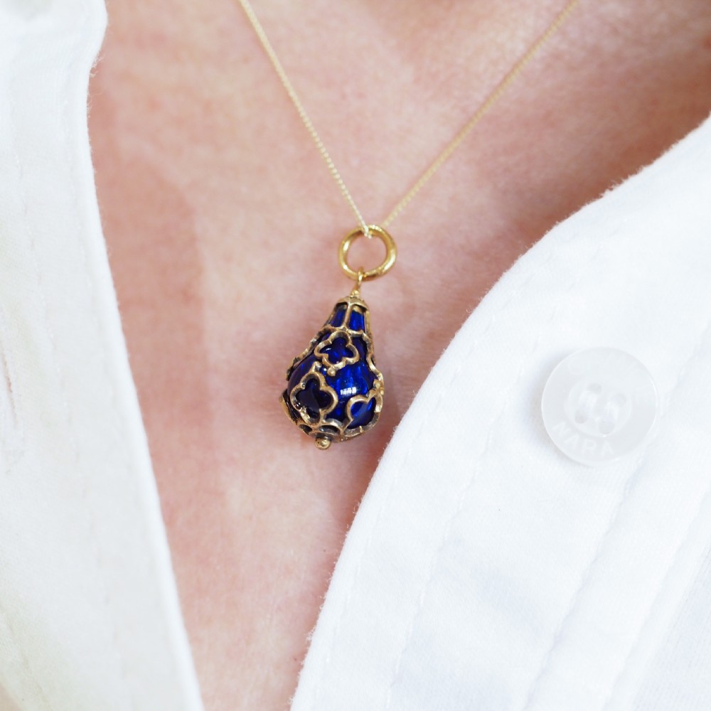 Antique Victorian Blue Enamel Guilloche Drop Pendant Necklace 15K Gold c.1900 View VI