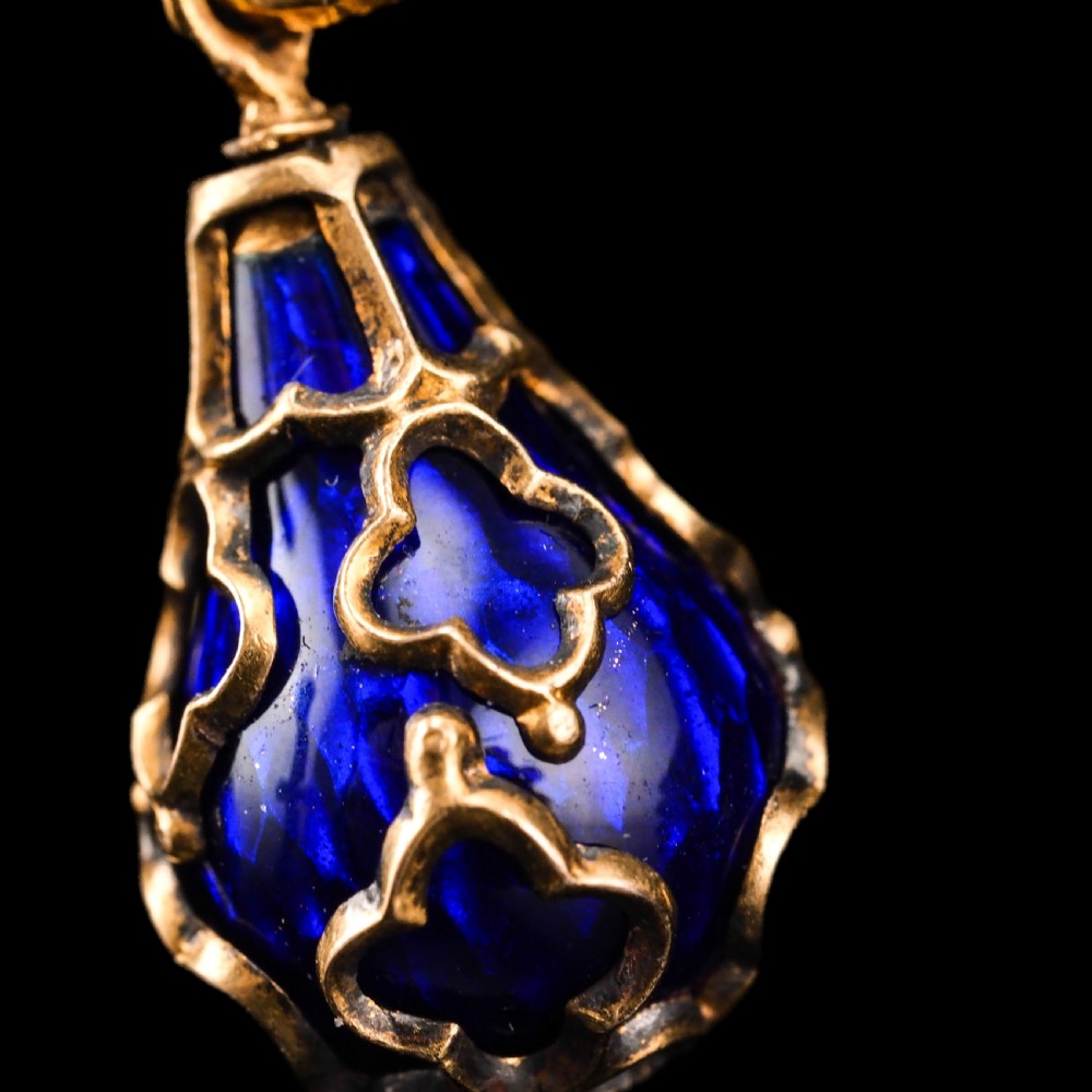 Antique Victorian Blue Enamel Guilloche Drop Pendant Necklace 15K Gold c.1900 View IX