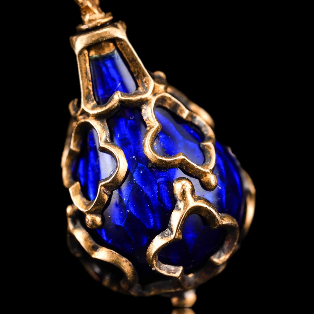 Antique Victorian Blue Enamel Guilloche Drop Pendant Necklace 15K Gold c.1900 View X