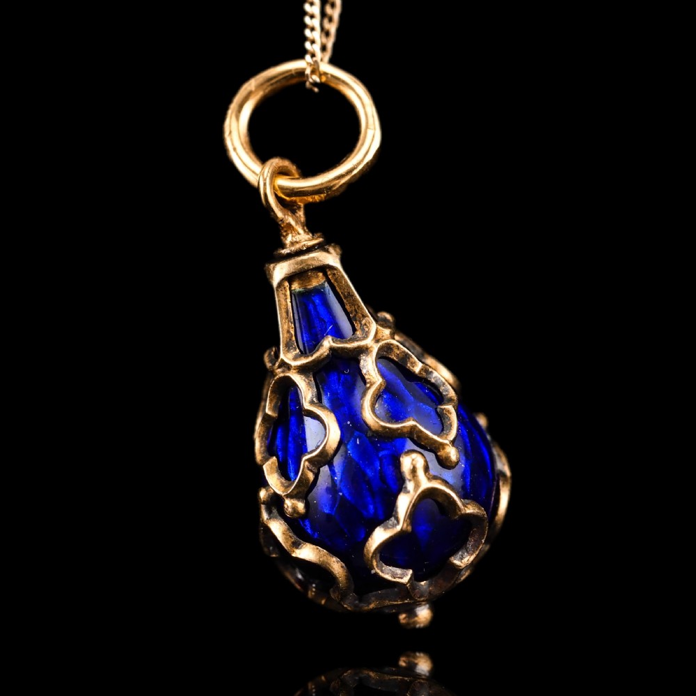 Antique Victorian Blue Enamel Guilloche Drop Pendant Necklace 15K Gold c.1900 View XI