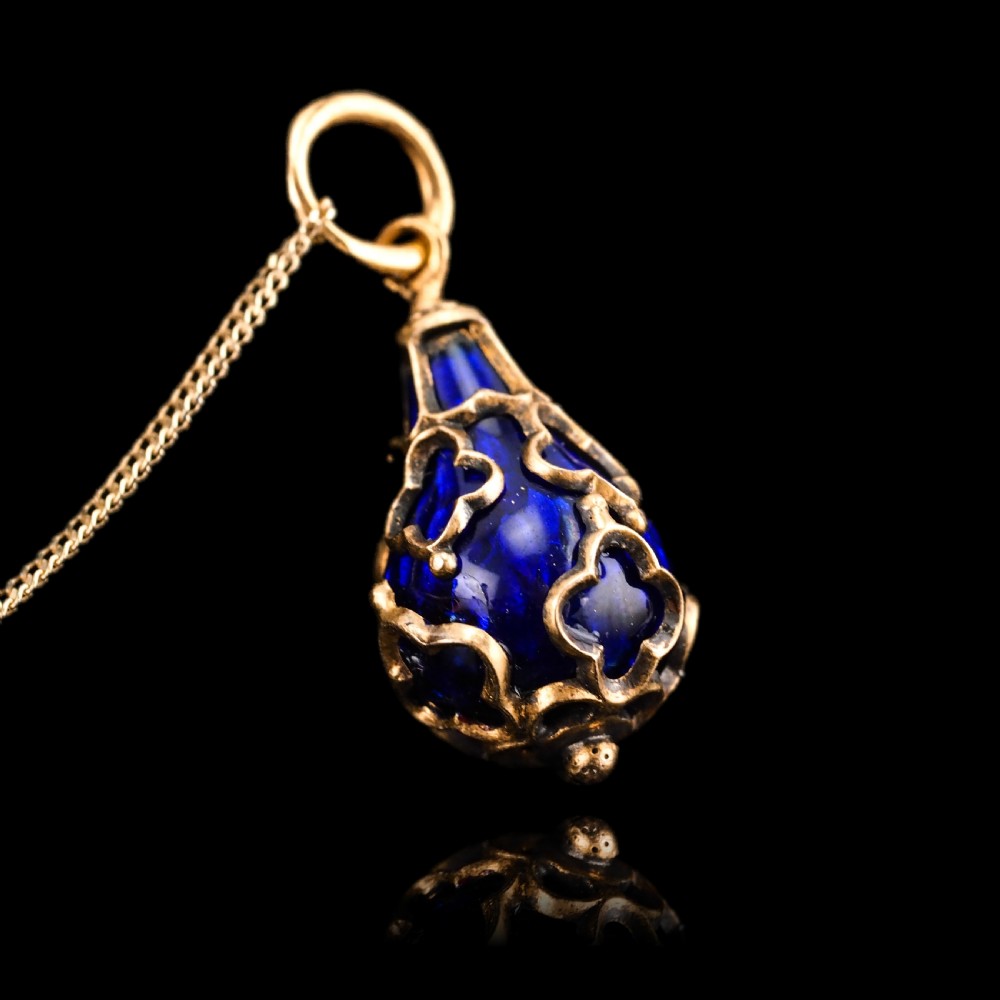 Antique Victorian Blue Enamel Guilloche Drop Pendant Necklace 15K Gold c.1900 View XII