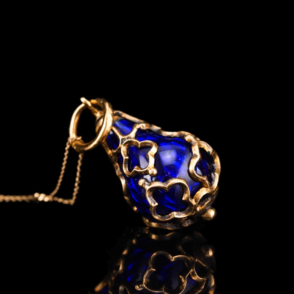 Antique Victorian Blue Enamel Guilloche Drop Pendant Necklace 15K Gold c.1900 View XIII