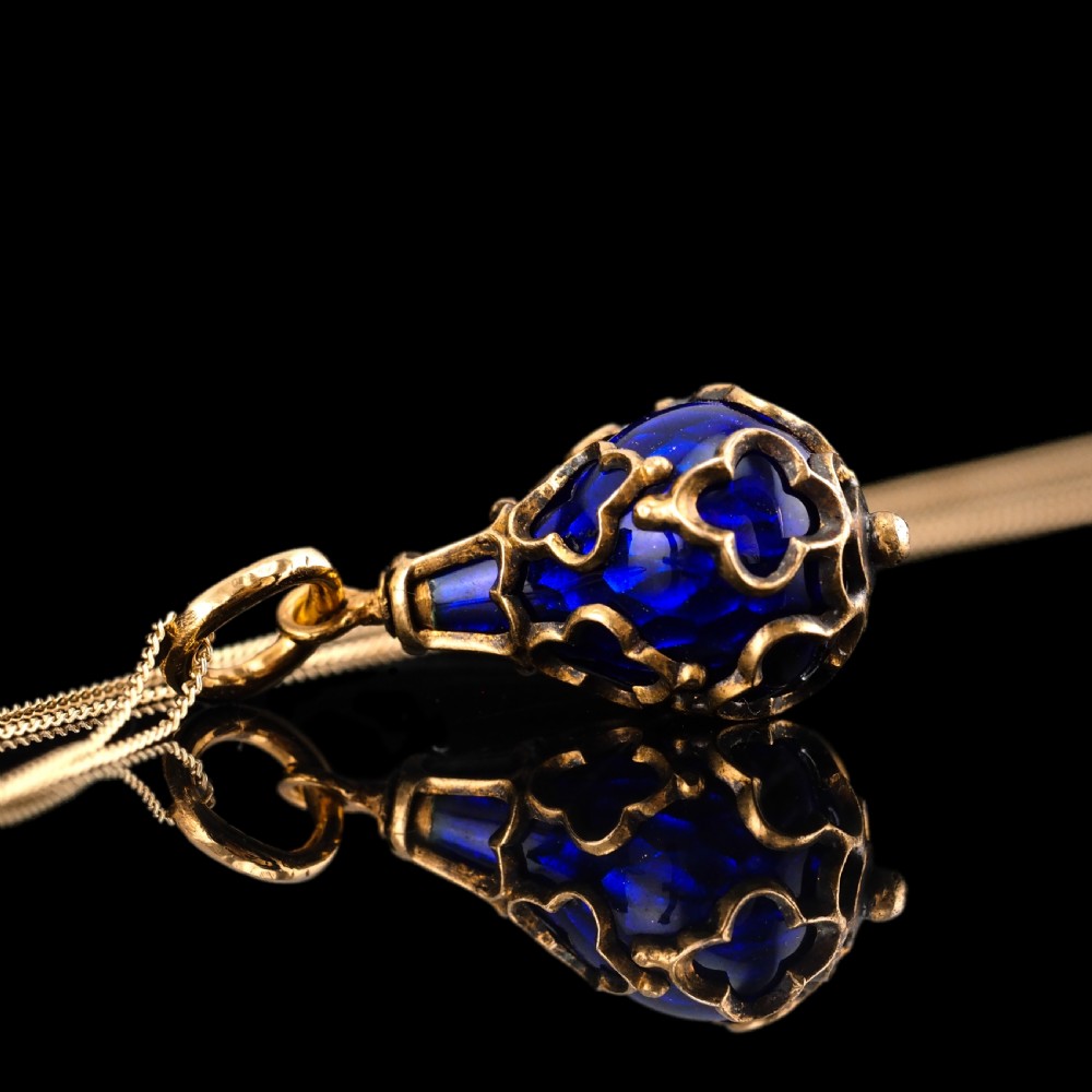 Antique Victorian Blue Enamel Guilloche Drop Pendant Necklace 15K Gold c.1900 View XIV