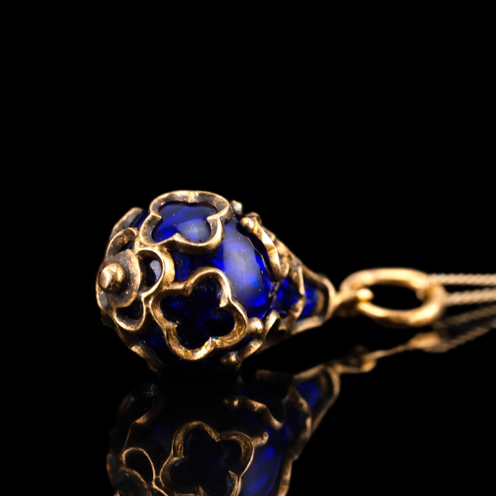 Antique Victorian Blue Enamel Guilloche Drop Pendant Necklace 15K Gold c.1900 View XV