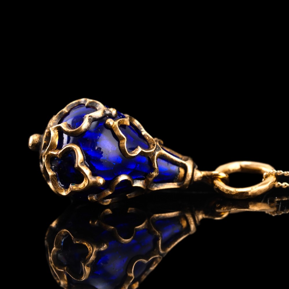 Antique Victorian Blue Enamel Guilloche Drop Pendant Necklace 15K Gold c.1900 View XVI