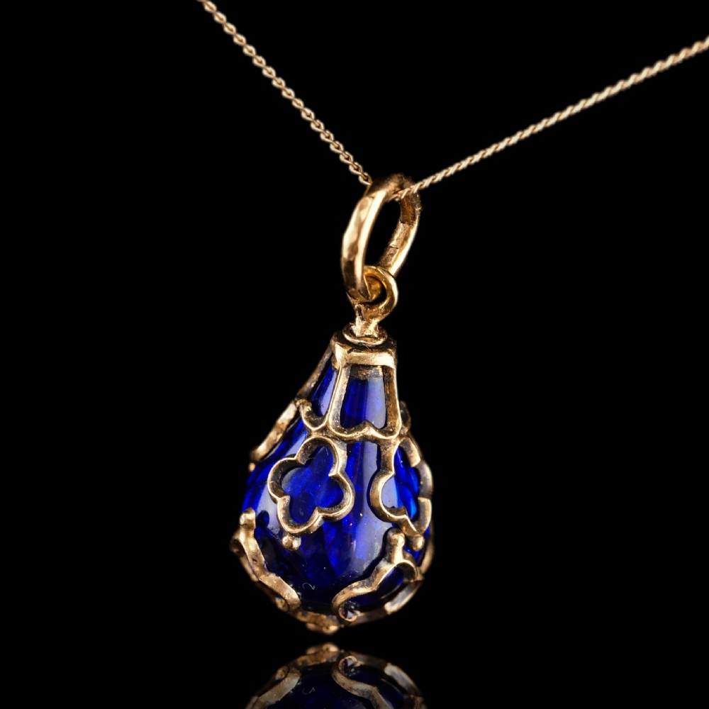 Antique Victorian Blue Enamel Guilloche Drop Pendant Necklace 15K Gold c.1900 View XVII