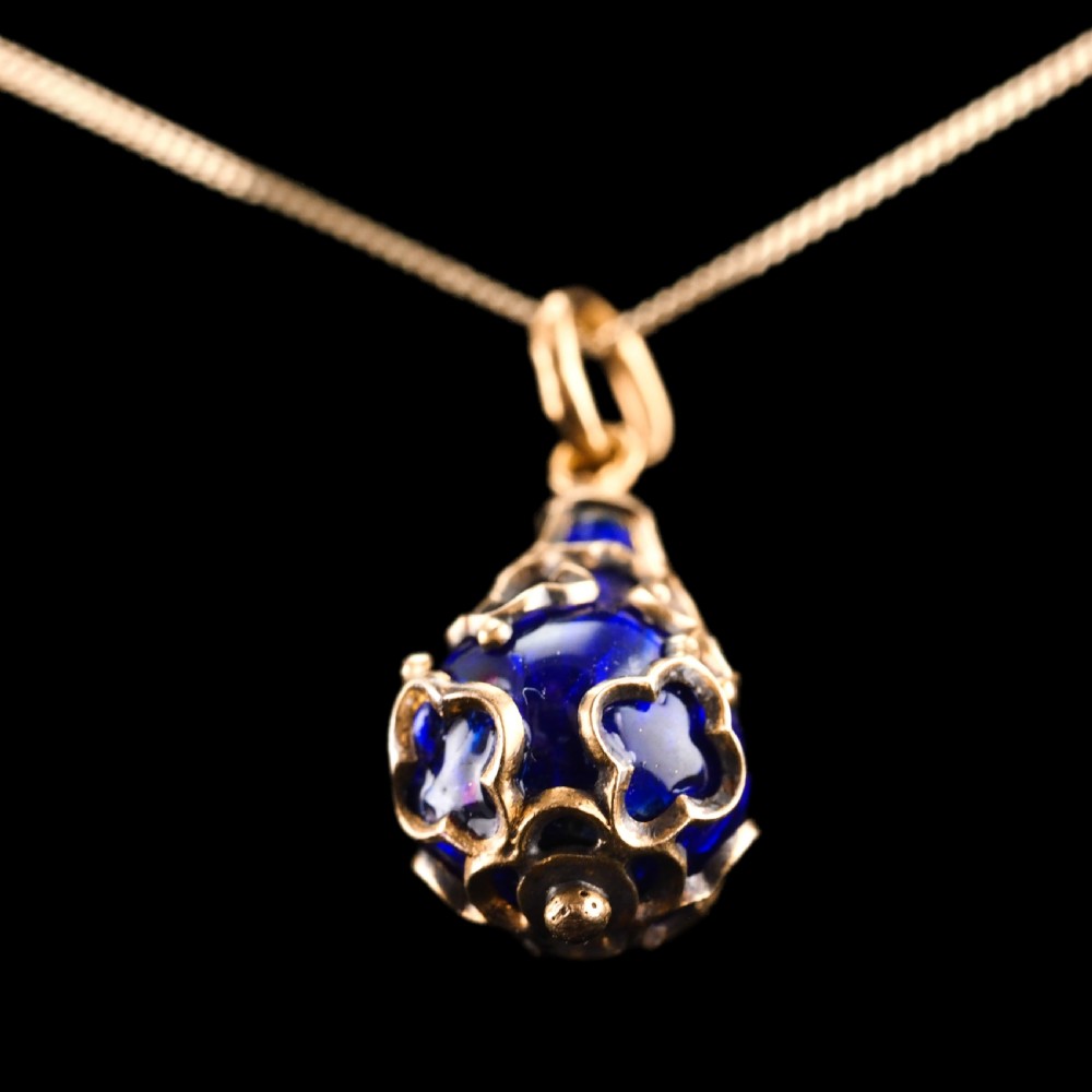 Antique Victorian Blue Enamel Guilloche Drop Pendant Necklace 15K Gold c.1900 View XVIII