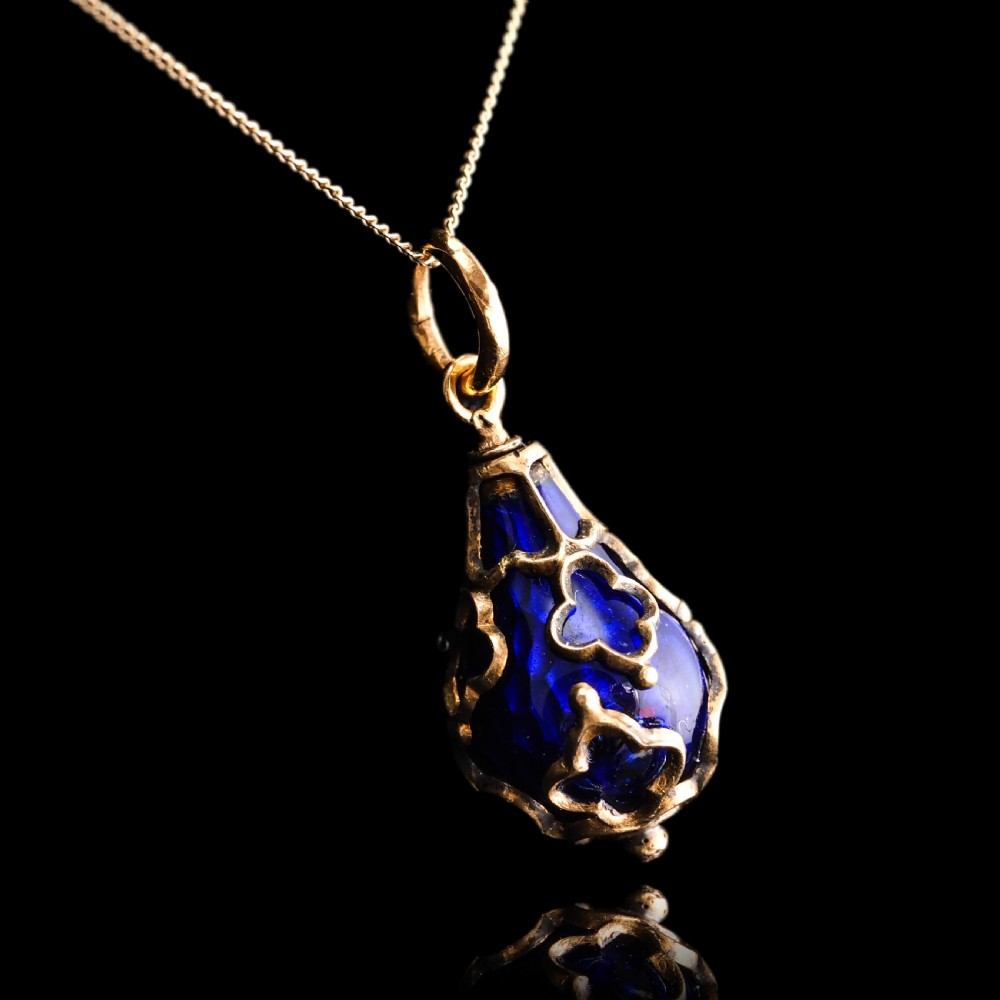 Antique Victorian Blue Enamel Guilloche Drop Pendant Necklace 15K Gold c.1900 View XIX