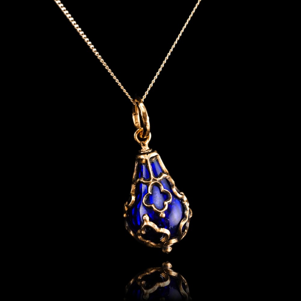 Antique Victorian Blue Enamel Guilloche Drop Pendant Necklace 15K Gold c.1900 View XX