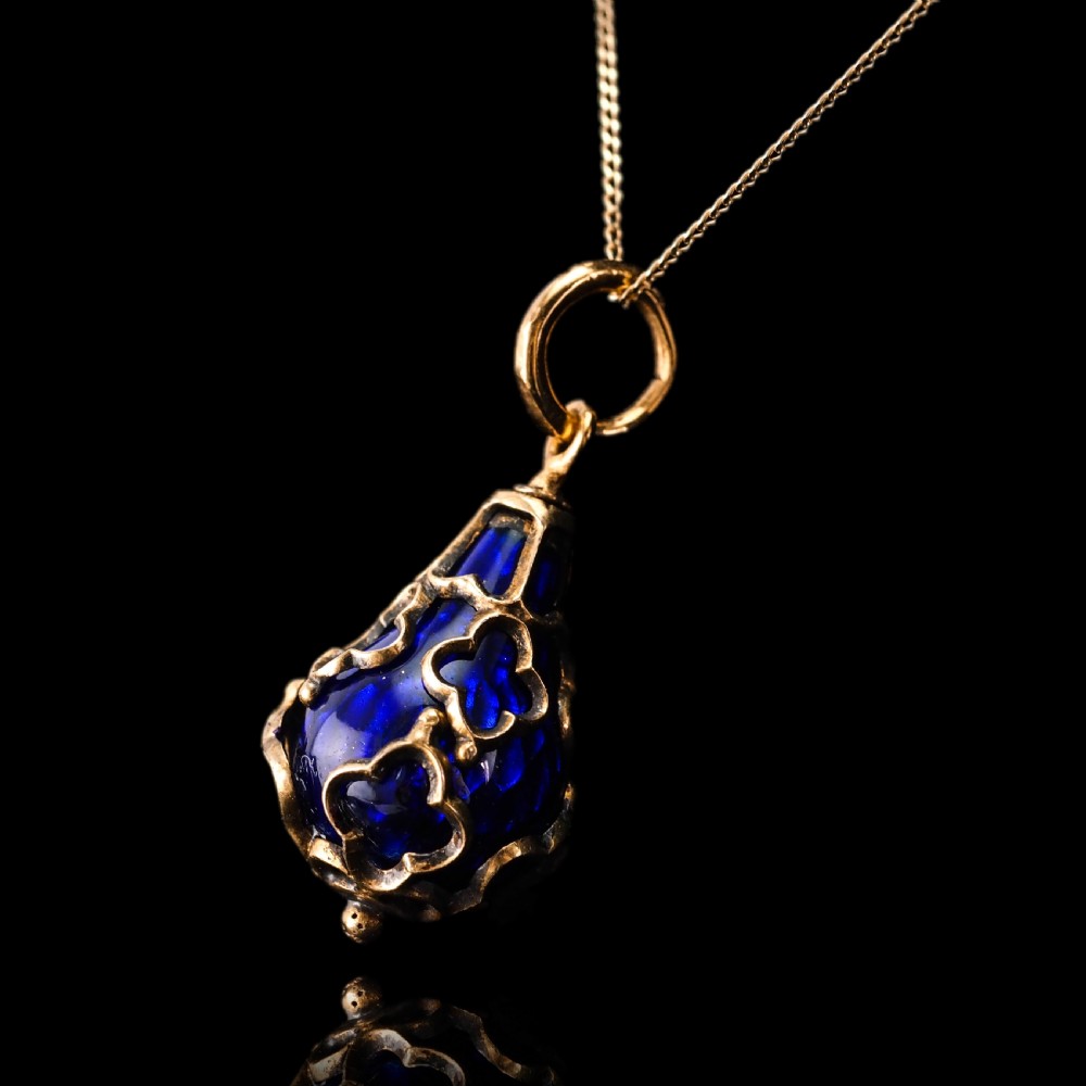 Antique Victorian Blue Enamel Guilloche Drop Pendant Necklace 15K Gold c.1900 View XXI