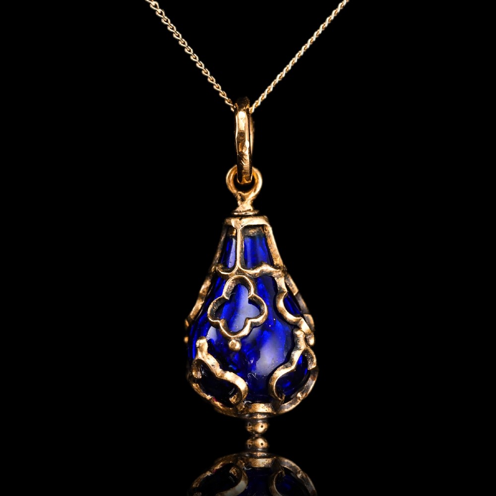 Antique Victorian Blue Enamel Guilloche Drop Pendant Necklace 15K Gold c.1900 View XXII