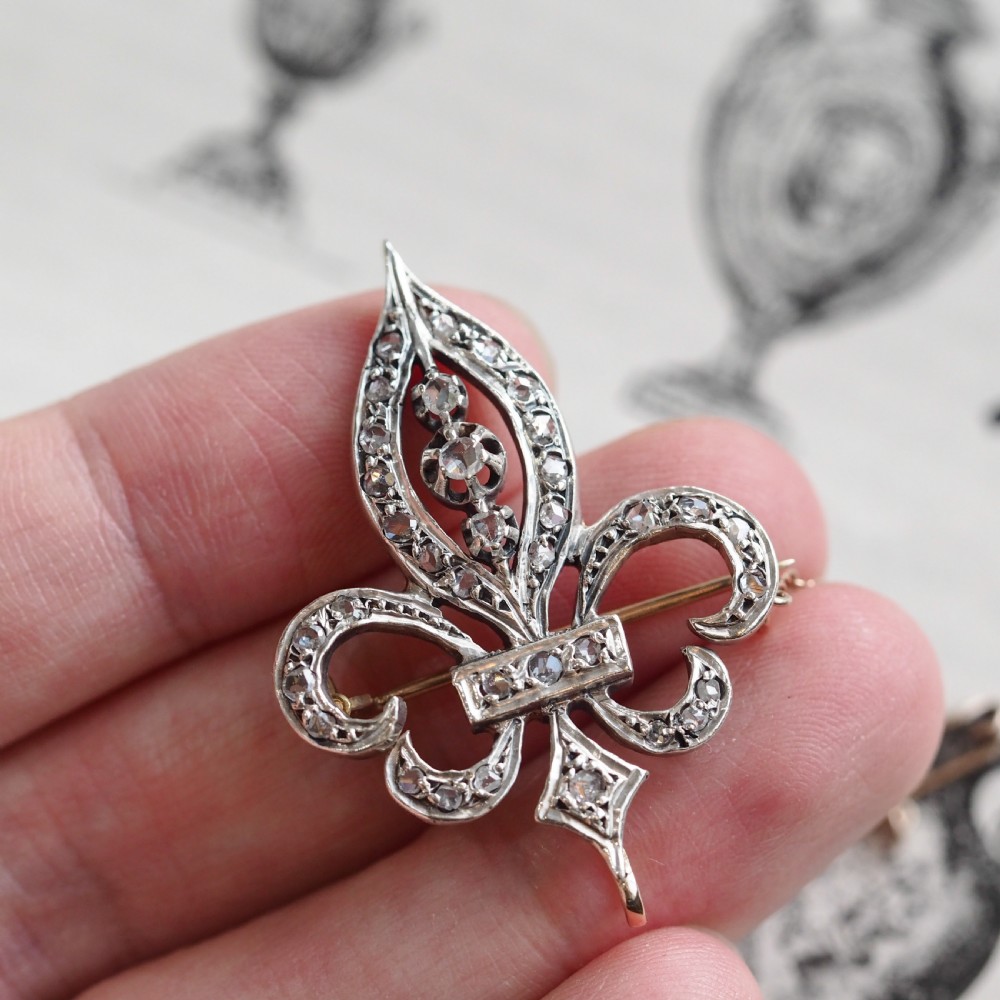 Antique French Fleur de Lys Diamond Brooch 18K Gold/Silver Setting c.1900 View V