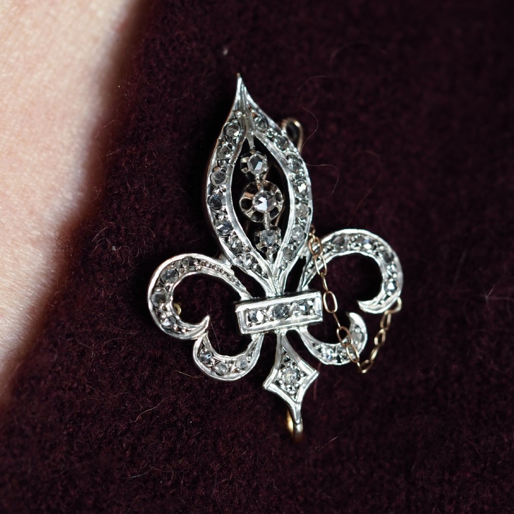 Antique French Fleur de Lys Diamond Brooch 18K Gold/Silver Setting c.1900 View IX