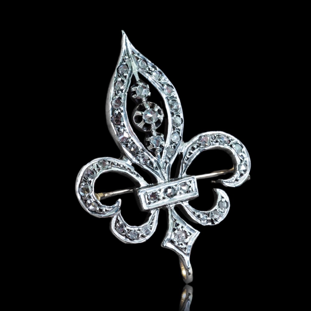 Antique French Fleur de Lys Diamond Brooch 18K Gold/Silver Setting c.1900 View XIX