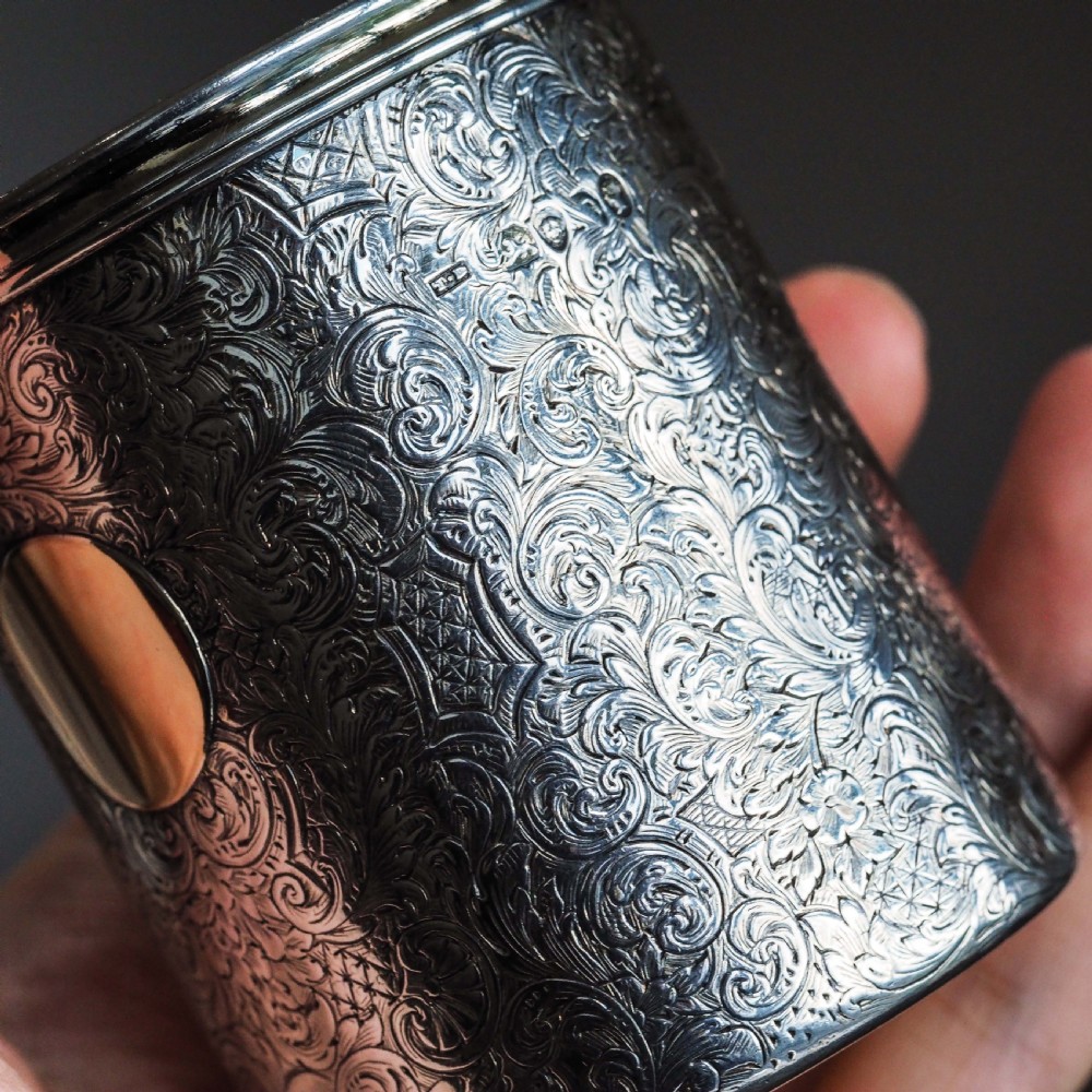 Antique Victorian Solid Silver Beaker Cup Fully Hand Engraved - 1839 View III