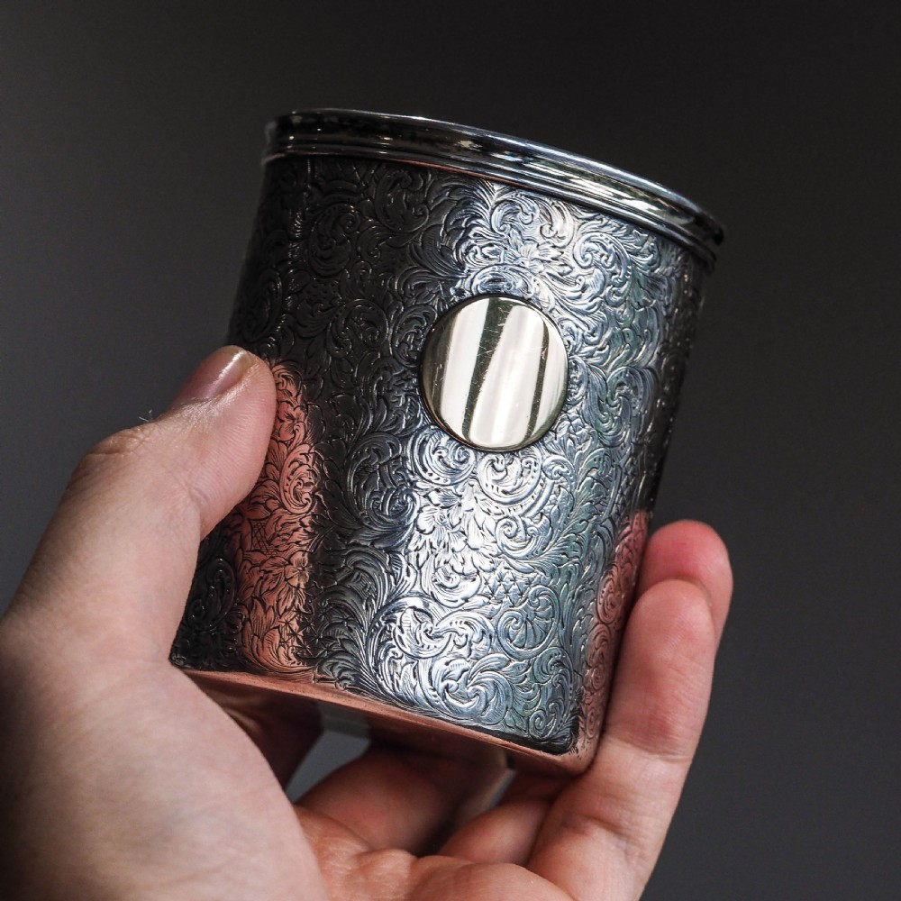 Antique Victorian Solid Silver Beaker Cup Fully Hand Engraved - 1839 View VI