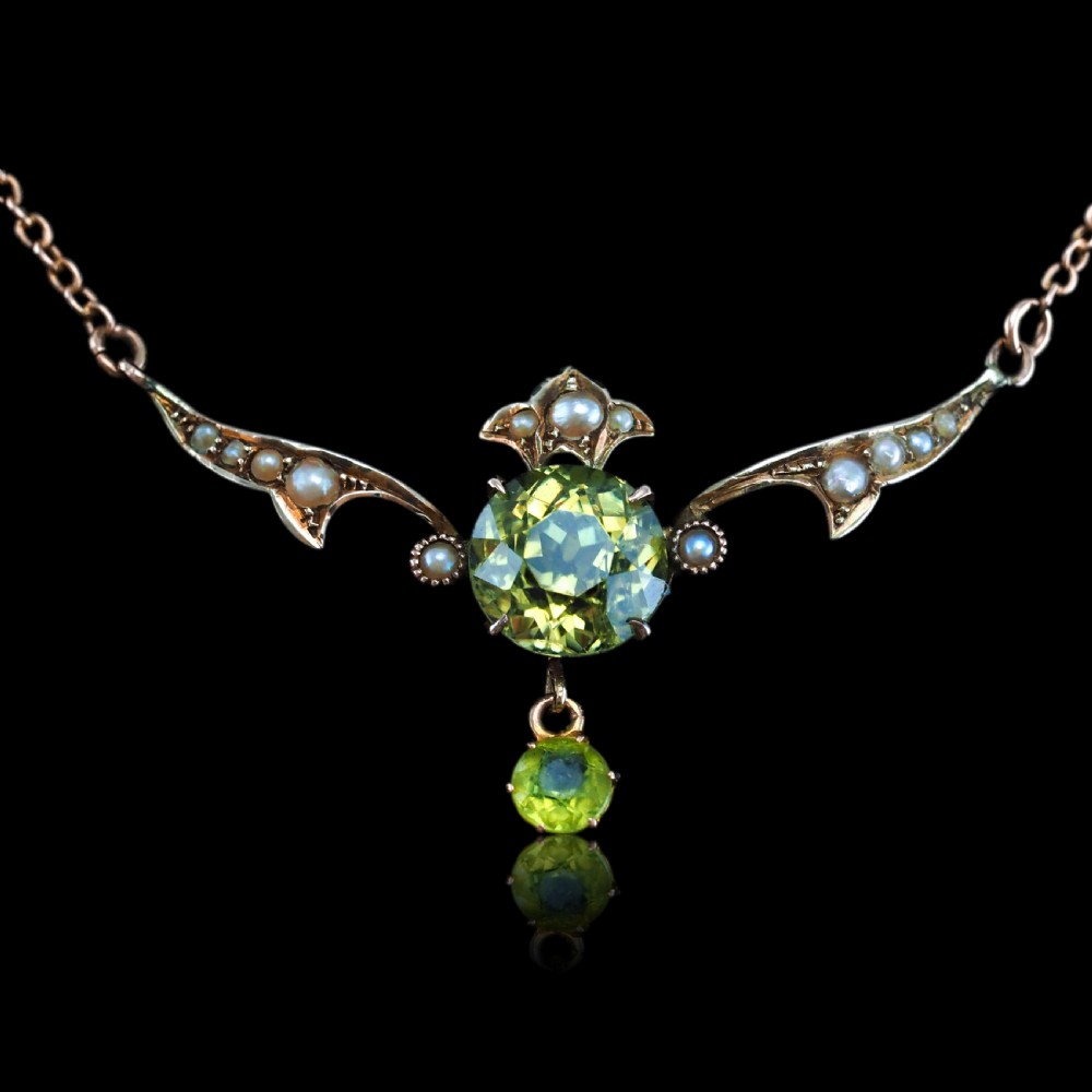 Antique Edwardian Peridot & Pearl Necklace 9K Gold Art Nouveau c.1900