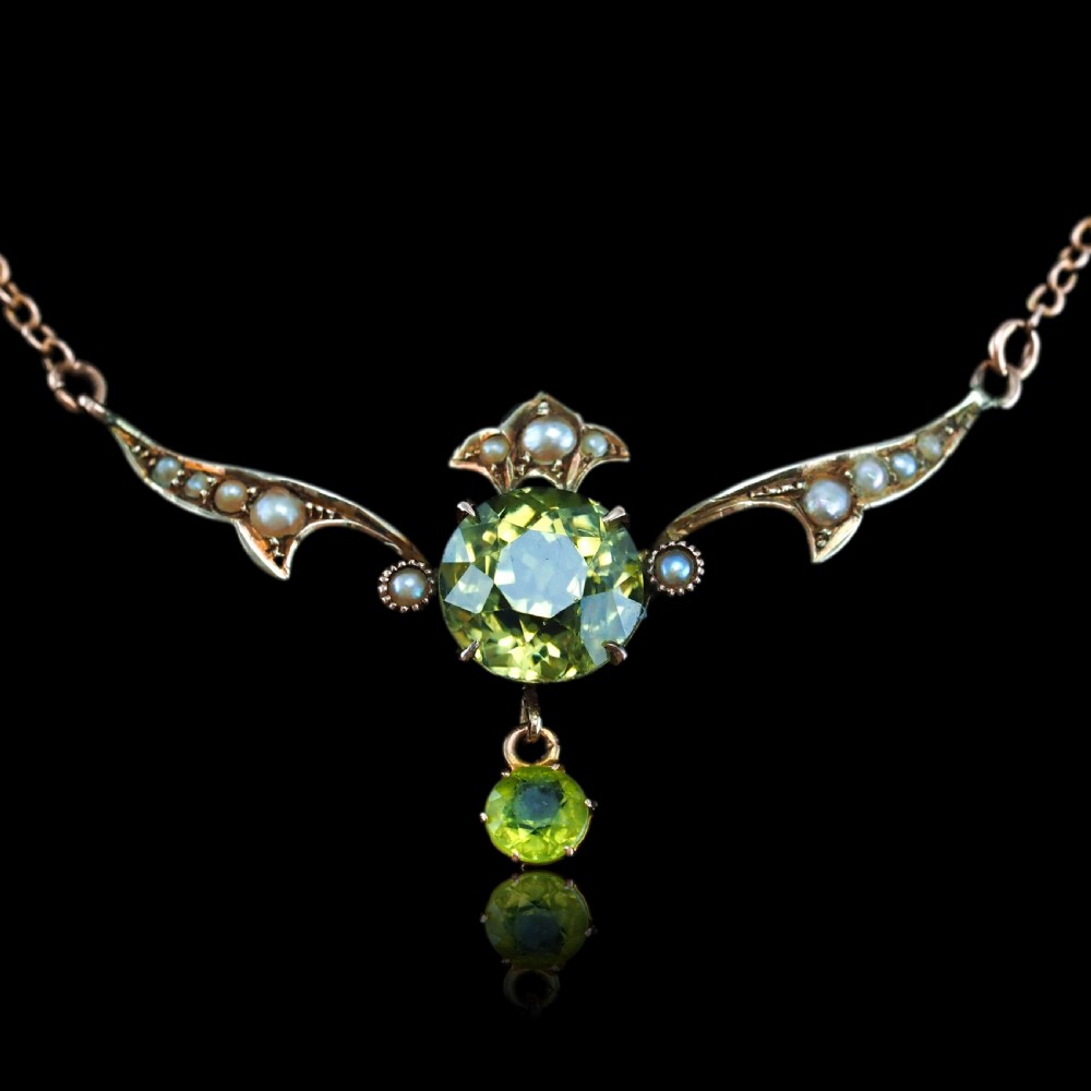 Antique Edwardian Peridot & Pearl Necklace 9K Gold Art Nouveau c.1900 View II