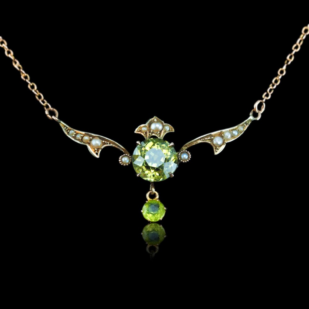 Antique Edwardian Peridot & Pearl Necklace 9K Gold Art Nouveau c.1900 View III