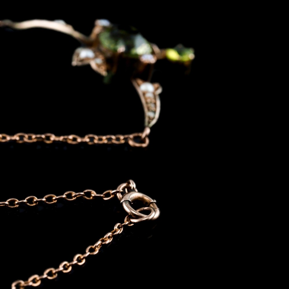 Antique Edwardian Peridot & Pearl Necklace 9K Gold Art Nouveau c.1900 View IV