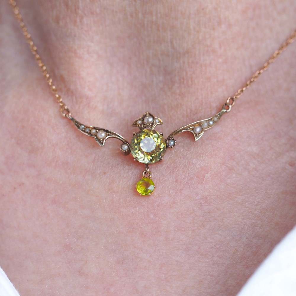 Antique Edwardian Peridot & Pearl Necklace 9K Gold Art Nouveau c.1900 View V