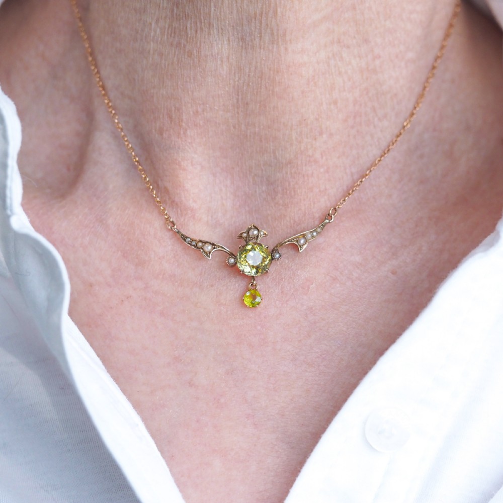 Antique Edwardian Peridot & Pearl Necklace 9K Gold Art Nouveau c.1900 View VI
