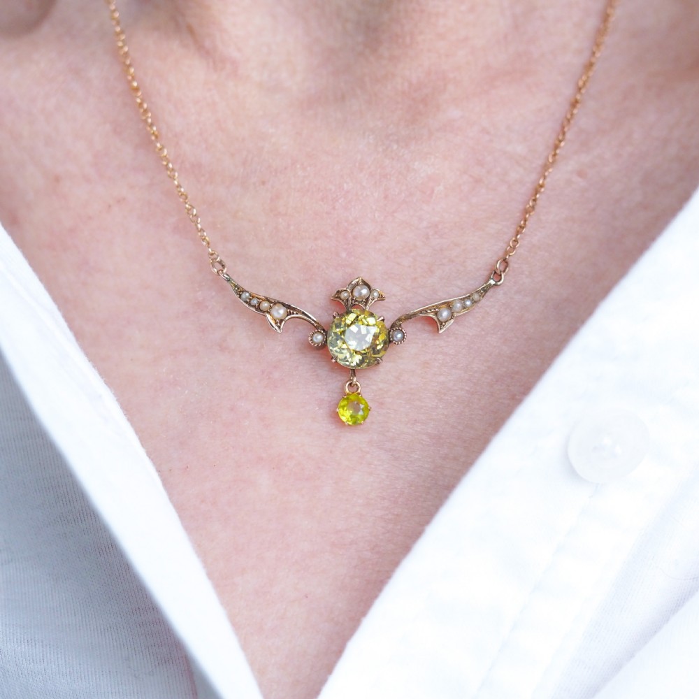 Antique Edwardian Peridot & Pearl Necklace 9K Gold Art Nouveau c.1900 View VII
