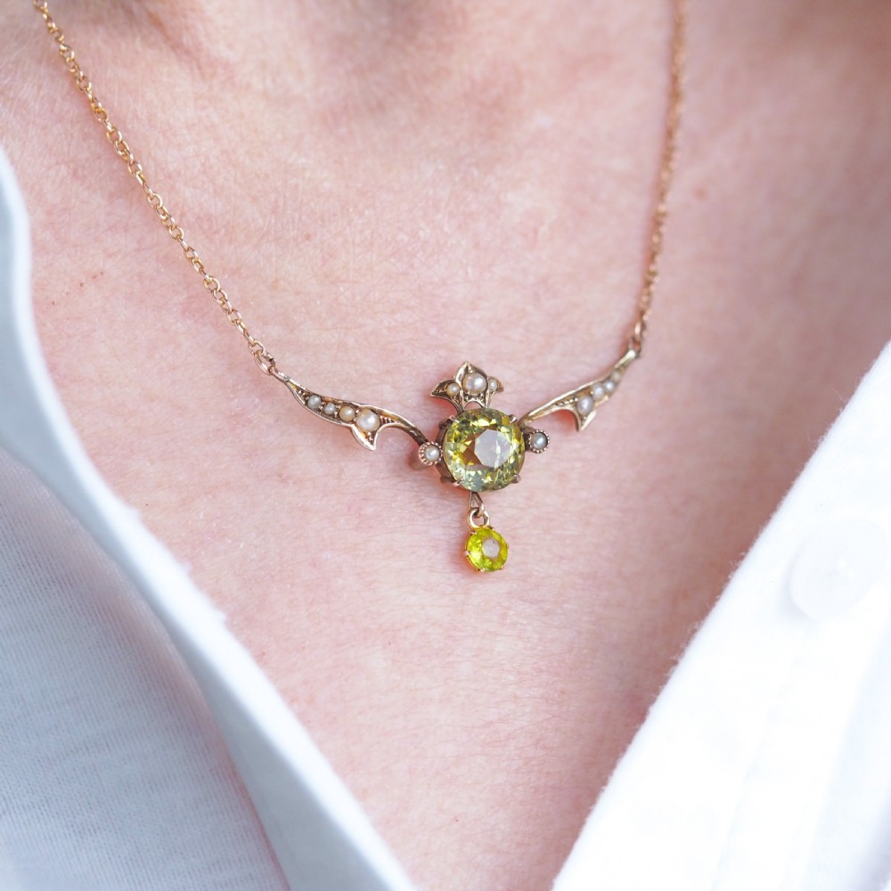 Antique Edwardian Peridot & Pearl Necklace 9K Gold Art Nouveau c.1900 View VIII