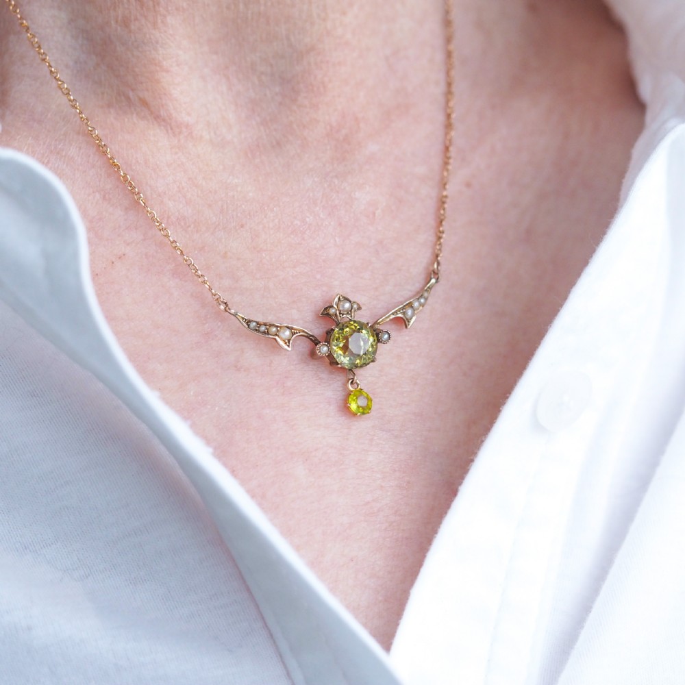 Antique Edwardian Peridot & Pearl Necklace 9K Gold Art Nouveau c.1900 View IX