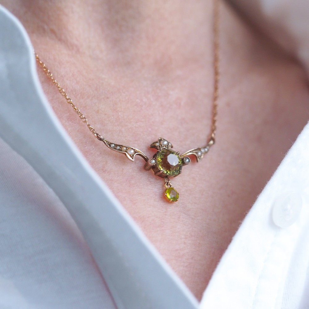 Antique Edwardian Peridot & Pearl Necklace 9K Gold Art Nouveau c.1900 View X