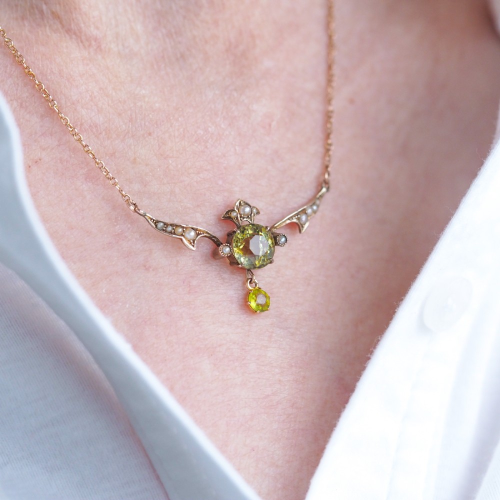 Antique Edwardian Peridot & Pearl Necklace 9K Gold Art Nouveau c.1900 View XI